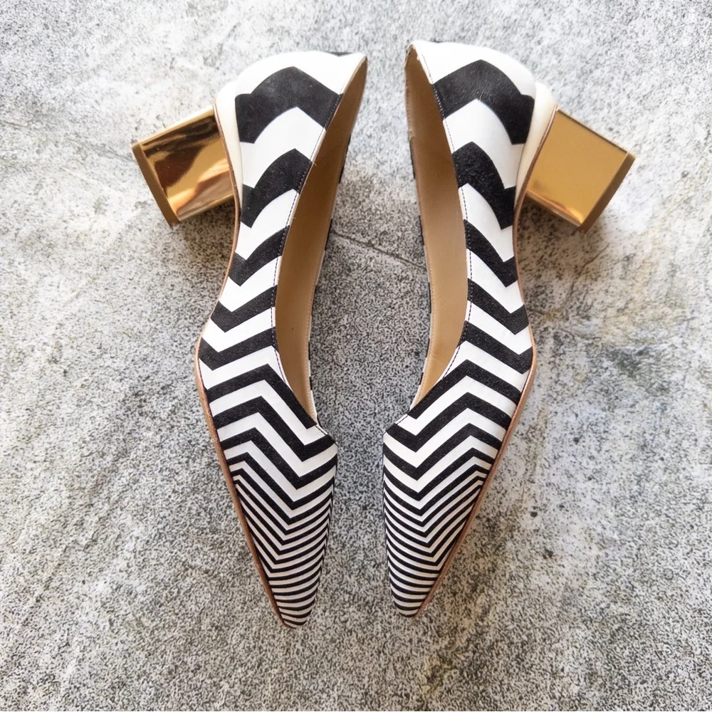 Nicholas Kirkwood Black and White Chevron‎ Suede and Leather Kitten Heel Pumps
